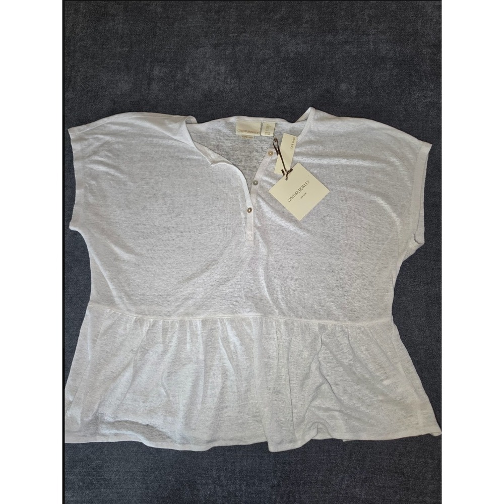 Cynthia Rowley White 100% Linen Peplum Henley Top Large NWT